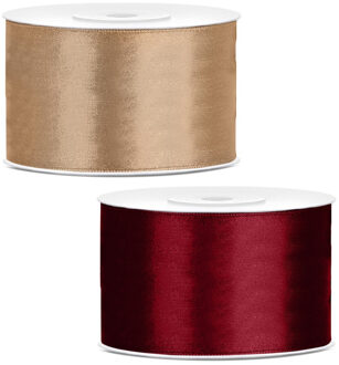 Sierlinten/cadeaulinten/satijnen linten - Set 2x stuks - goud en donkerrood - 38 mm x 25 meter
