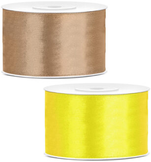 Sierlinten/cadeaulinten/satijnen linten - Set 2x stuks - goud en geel - 38 mm x 25 meter