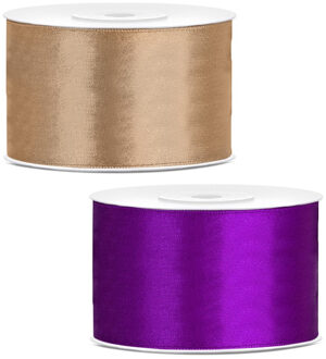 Sierlinten/cadeaulinten/satijnen linten - Set 2x stuks - goud en paars - 38 mm x 25 meter