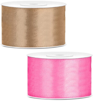 Sierlinten/cadeaulinten/satijnen linten - Set 2x stuks - goud en roze - 38 mm x 25 meter