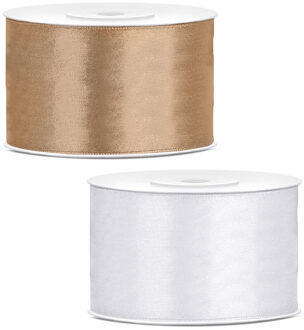 Sierlinten/cadeaulinten/satijnen linten - Set 2x stuks - goud en wit - 38 mm x 25 meter