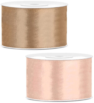 Sierlinten/cadeaulinten/satijnen linten - Set 2x stuks - goud en zalmroze - 38 mm x 25 meter
