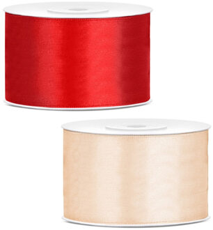 Sierlinten/cadeaulinten/satijnen linten - Set 2x stuks - rood en creme wit - 38 mm x 25 meter