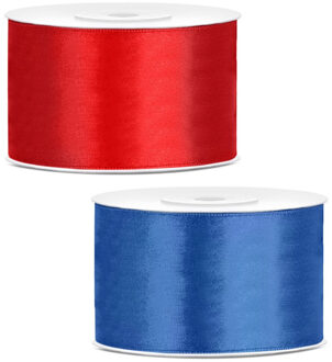 Sierlinten/cadeaulinten/satijnen linten - Set 2x stuks - rood en kobalt blauw - 38 mm x 25 meter