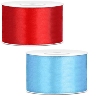 Sierlinten/cadeaulinten/satijnen linten - Set 2x stuks - rood en lichtblauw - 38 mm x 25 meter