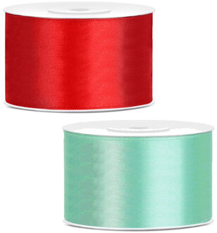 Sierlinten/cadeaulinten/satijnen linten - Set 2x stuks - rood en mintgroen - 38 mm x 25 meter