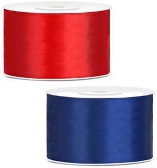 Sierlinten/cadeaulinten/satijnen linten - Set 2x stuks - rood en navy - 38 mm x 25 meter
