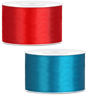 Sierlinten/cadeaulinten/satijnen linten - Set 2x stuks - rood en turquoise - 38 mm x 25 meter
