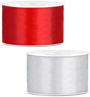 Sierlinten/cadeaulinten/satijnen linten - Set 2x stuks - rood en zilver - 38 mm x 25 meter