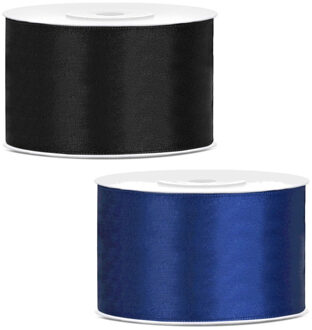 Sierlinten/cadeaulinten/satijnen linten - Set 2x stuks - zwart en blauw - 38 mm x 25 meter