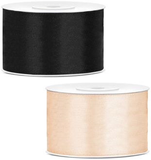 Sierlinten/cadeaulinten/satijnen linten - Set 2x stuks - zwart en creme wit - 38 mm x 25 meter