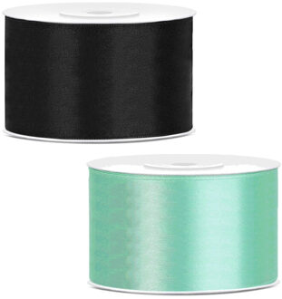 Sierlinten/cadeaulinten/satijnen linten - Set 2x stuks - zwart en mintgroen - 38 mm x 25 meter