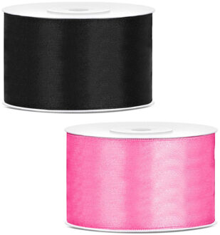 Sierlinten/cadeaulinten/satijnen linten - Set 2x stuks - zwart en roze - 38 mm x 25 meter