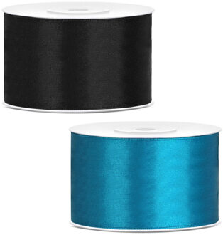 Sierlinten/cadeaulinten/satijnen linten - Set 2x stuks - zwart en turquoise blauw - 38 mm x 25 meter