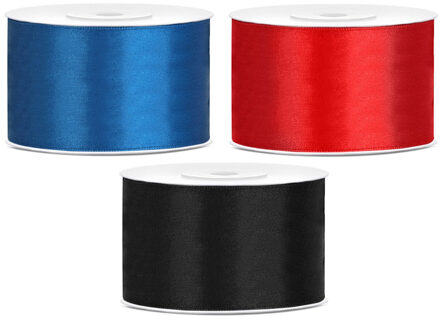 Sierlinten/cadeaulinten/satijnen linten - Set 3x stuks - blauw/rood/zwart - 38 mm x 25 meter