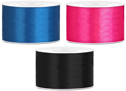 Sierlinten/cadeaulinten/satijnen linten - Set 3x stuks - blauw/roze/zwart - 38 mm x 25 meter