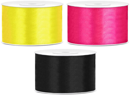 Sierlinten/cadeaulinten/satijnen linten - Set 3x stuks - geel/roze/zwart - 38 mm x 25 meter