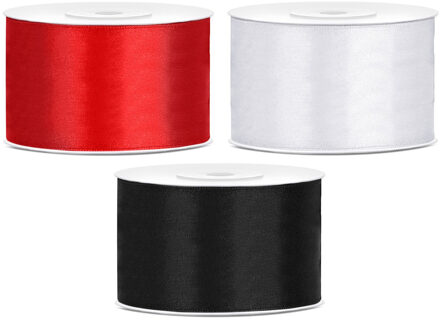 Sierlinten/cadeaulinten/satijnen linten - Set 3x stuks - wit/rood/zwart - 38 mm x 25 meter