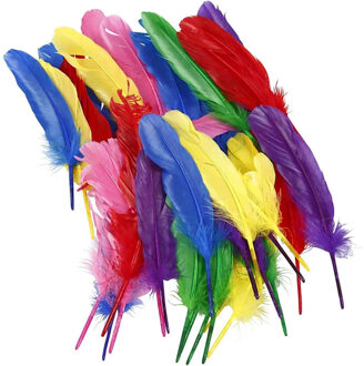 Sierveren/hobby veertjes - 72x stuks - multi kleuren - 19-21 cm - decoratie/hobbymateriaal