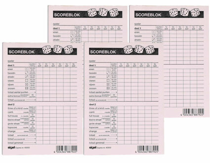 Sigel 4x Scoreblokken Yahtzee 100 vellen - Familiespellen - Dobbelspellen
