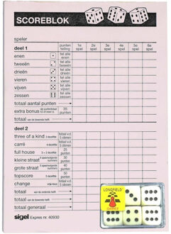 Sigel Yahtzee spel accessoires set 100 vellen scoreblok/6 dobbelstenen Wit