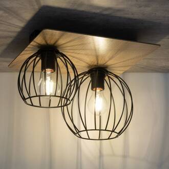 Sigma Plafondlamp Malin, houten kap hoekig, 2-lamps zwart, licht hout