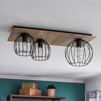 Sigma Plafondlamp Malin, houten kap hoekig, 3-lamps zwart, licht hout