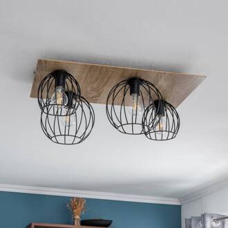 Sigma Plafondlamp Malin, houten kap hoekig, 4-lamps zwart, licht hout