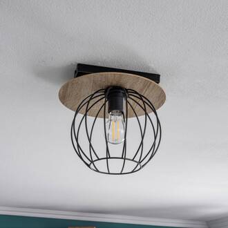 Sigma Plafondlamp Malin, houten kap rond, 1-lamp zwart, licht hout