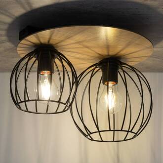 Sigma Plafondlamp Malin, houten kap rond, 2-lamps zwart, licht hout