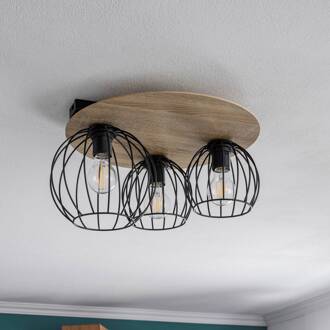 Sigma Plafondlamp Malin, houten kap rond, 3-lamps zwart, licht hout