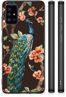 Siliconen Back Cover Samsung Galaxy A51 Telefoon Hoesje met Zwarte rand Pauw met Bloemen