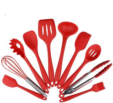Siliconen Koken Tools 10 Stks/set Spatel Schop Lepel Pollepel Turner Ei Kloppers Praktische Keuken Kookgerei Keukengerei Rood