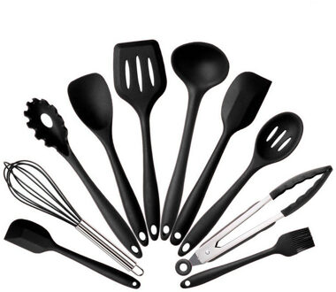 Siliconen Koken Tools 10 Stks/set Spatel Schop Lepel Pollepel Turner Ei Kloppers Praktische Keuken Kookgerei Keukengerei zwart