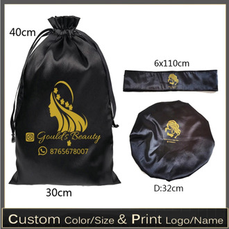 Silk Satin Virgin Hair Packaging Bags/Bonnet/Wrap/Headband/Cap Custom Logo Drawstring Storage Bag 18x30/30x40cm Gift Pouch