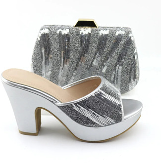 Silver Color African Women Shoes and Bag to Match Italian Design with Shinning Crysta Matching Shoes and Bag Set for Royal Party