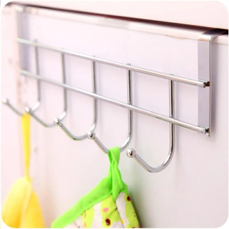 Silver Five-Row Stainless Steel Hook Door-Back Traceless Hook Clothes Hanger Hooks Kitchen Bedroom Door Rack Towel Holder