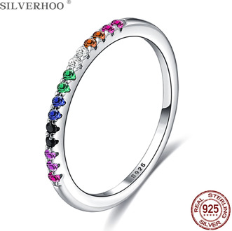 SILVERHOO Ring Rainbow Color Finger Rings for Women Stackable Match Wedding Sterling Silver 925 Jewelry Give Gifts For Friends