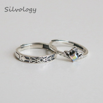 Silvology 925 Sterling Silver Princess and Knight Couple Rings Zircon Crown Elegant Romantic Rings for Women Friendship Jewelry
