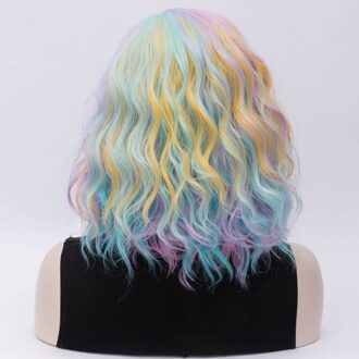 Similler Synthetische Centrale Deel Multicolor Regenboog Korte Pruiken Voor Vrouwen Hittebestendigheid Cosplay Krullend Pruik 2433