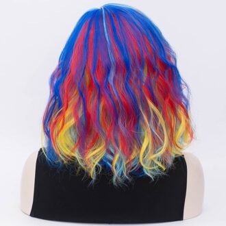 Similler Synthetische Centrale Deel Multicolor Regenboog Korte Pruiken Voor Vrouwen Hittebestendigheid Cosplay Krullend Pruik 2435