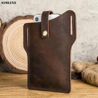 SIMLINE 100% Genuine Leather Cellphone Loop Holster Case Belt Waist Bag Men Outdoor Portable Mobile Phone Bag Holder Cover Props