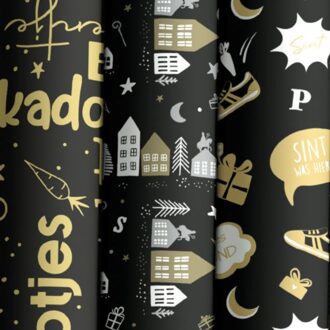 Sinterklaas cadeaupapier zwart/goud, 200 x 70 cm, assorti