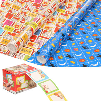 Sinterklaas inpakpapier/cadeaupapier 6x rollen en 50 naam stickers - Cadeaupapier