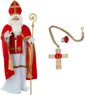 Sinterklaas kostuum - inclusief ring en kruis ketting met rode steen - One size
