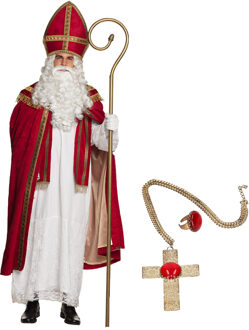 Sinterklaas kostuum - inclusief ring en kruis ketting met rode steen - One size