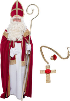 Sinterklaas kostuum - inclusief ring en kruis ketting met rode steen - One size