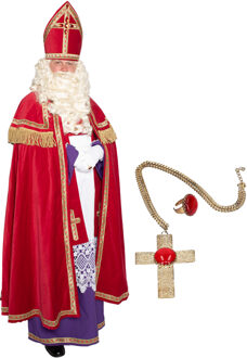 Sinterklaas kostuum - inclusief ring en kruis ketting met rode steen - One size