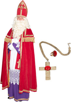 Sinterklaas kostuum - inclusief ring en kruis ketting met rode steen - One size