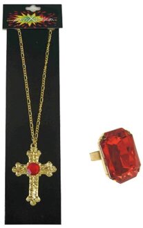 Sinterklaas sieraden accessoires set - gouden ketting - en rechthoekige ring - met rode stenen